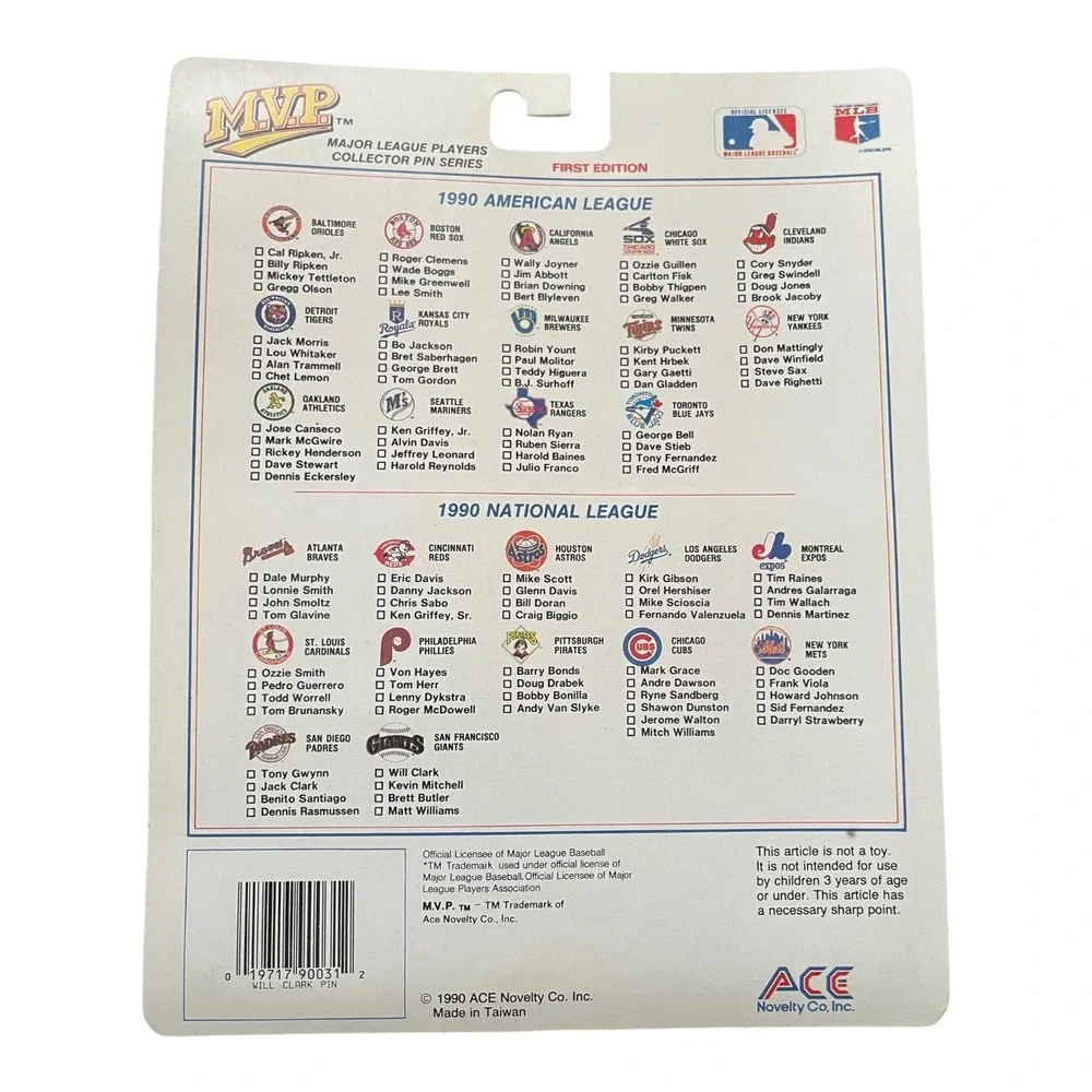 1990 Ace Novelty MVP Major League Players Will Clark Collector Pin Series Card